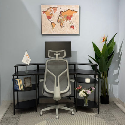 Modern Computer Desk with Side Storage Shelves and Elevated Monitor Stand