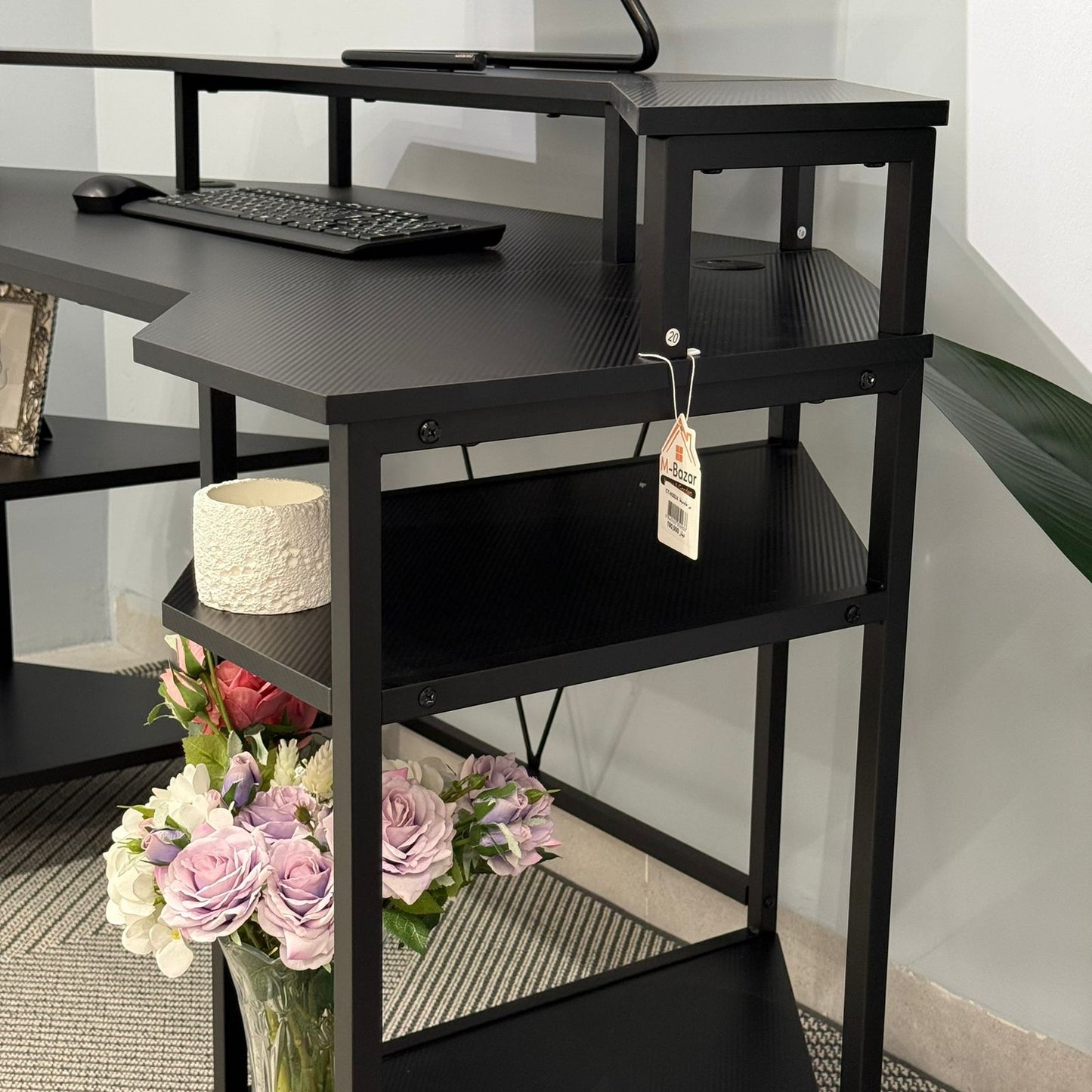 Modern Computer Desk with Side Storage Shelves and Elevated Monitor Stand