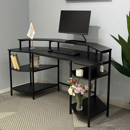 Modern Computer Desk with Side Storage Shelves and Elevated Monitor Stand