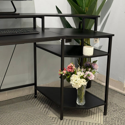 Modern Computer Desk with Side Storage Shelves and Elevated Monitor Stand
