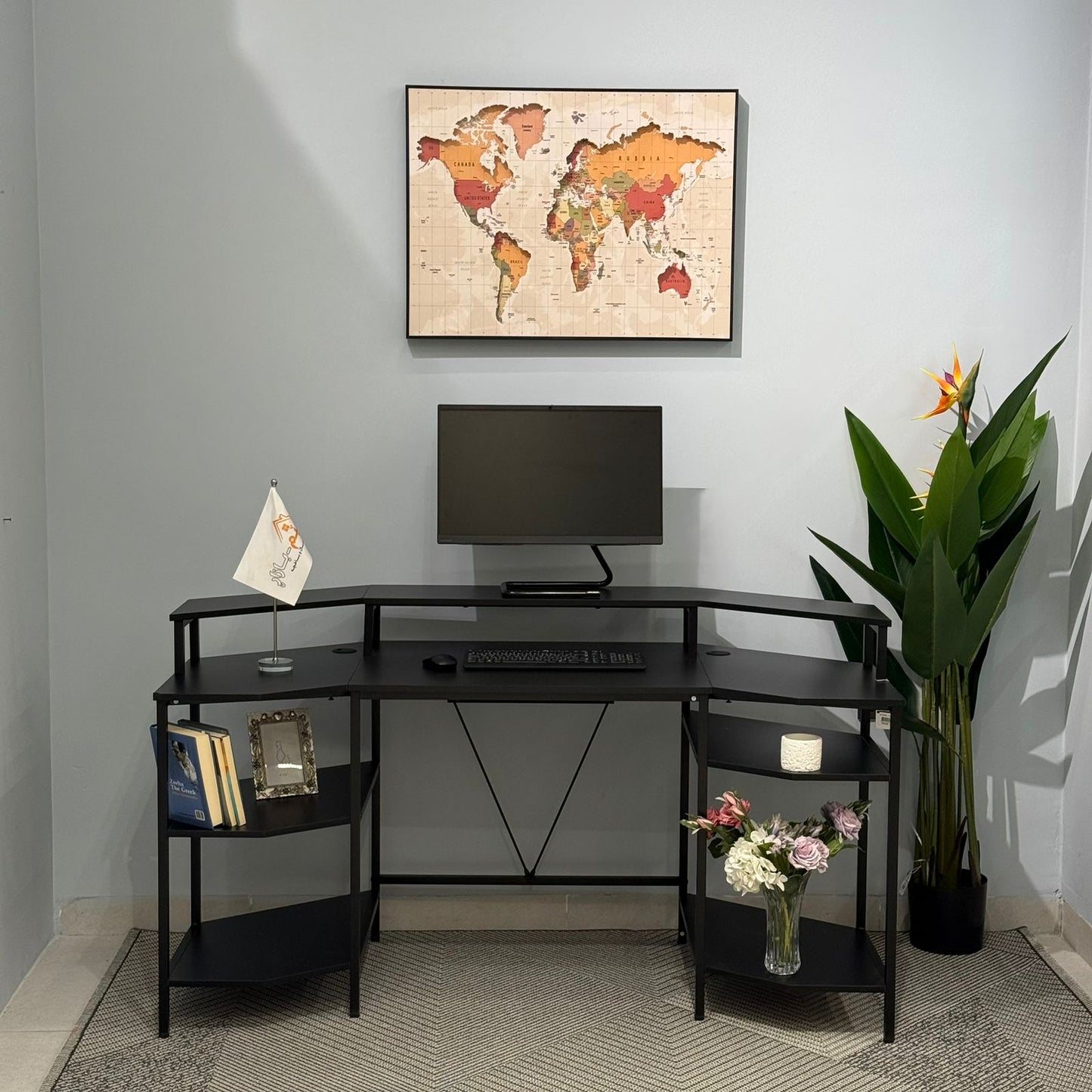 Modern Computer Desk with Side Storage Shelves and Elevated Monitor Stand