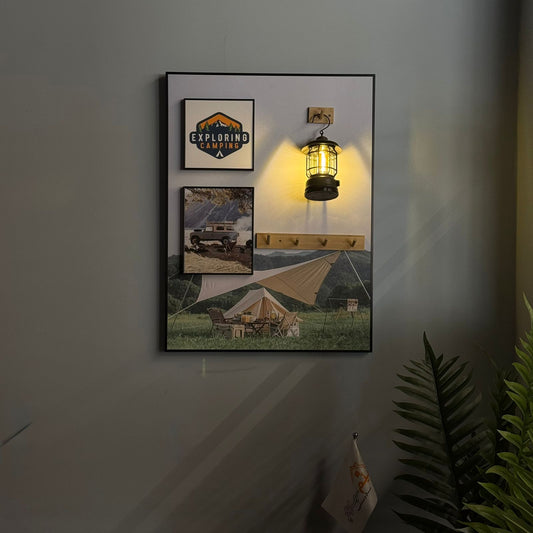 Modern Camping Theme Wall Art with LED Lantern and Hooks