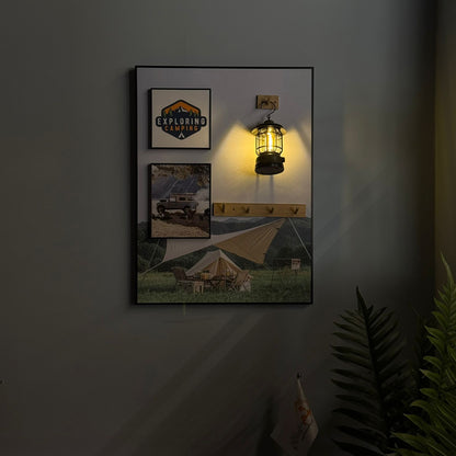 Modern Camping Theme Wall Art with LED Lantern and Hooks