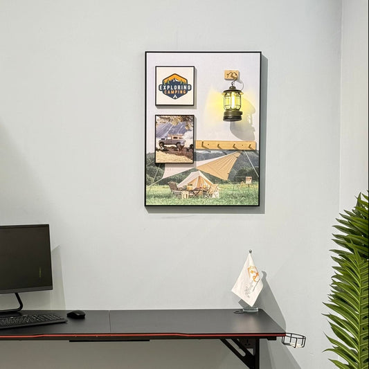 Modern Camping Theme Wall Art with LED Lantern and Hooks