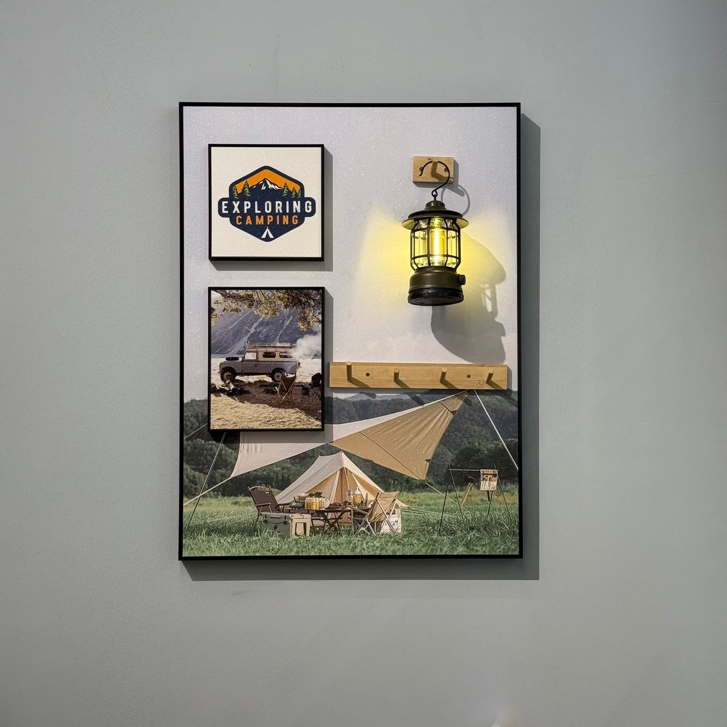 Modern Camping Theme Wall Art with LED Lantern and Hooks