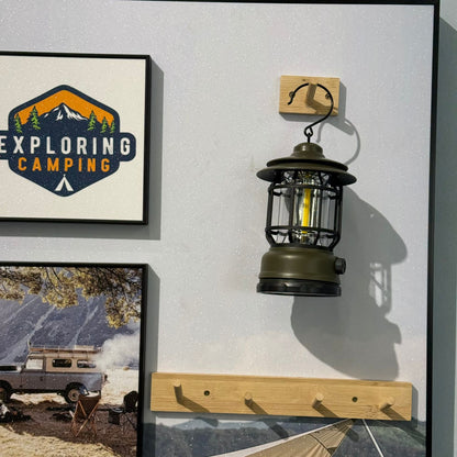 Modern Camping Theme Wall Art with LED Lantern and Hooks