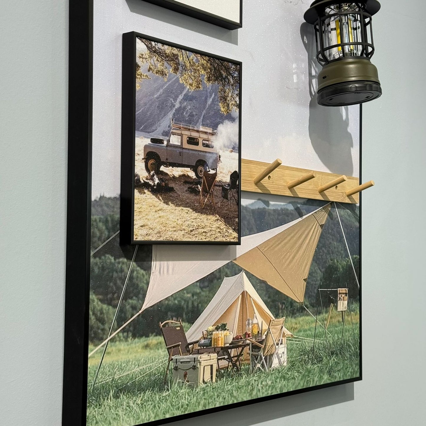 Modern Camping Theme Wall Art with LED Lantern and Hooks