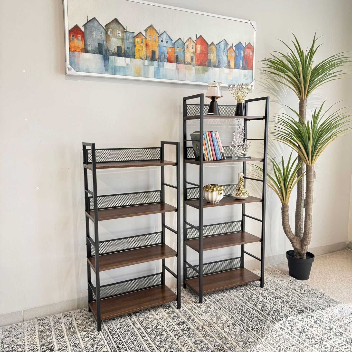 Modern 4 & 5 Tier Storage Shelf with Metal Frame & Wooden Shelves