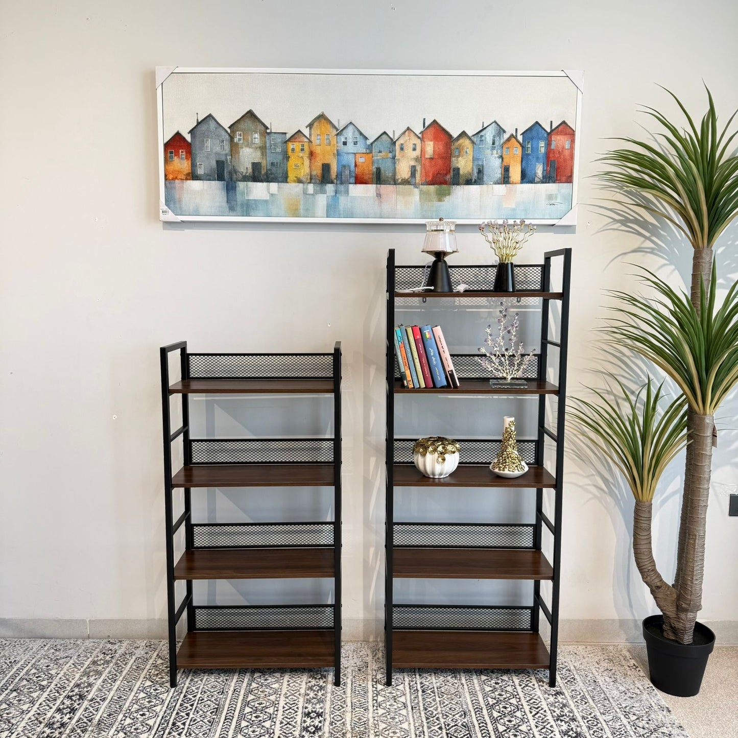 Modern 4 & 5 Tier Storage Shelf with Metal Frame & Wooden Shelves