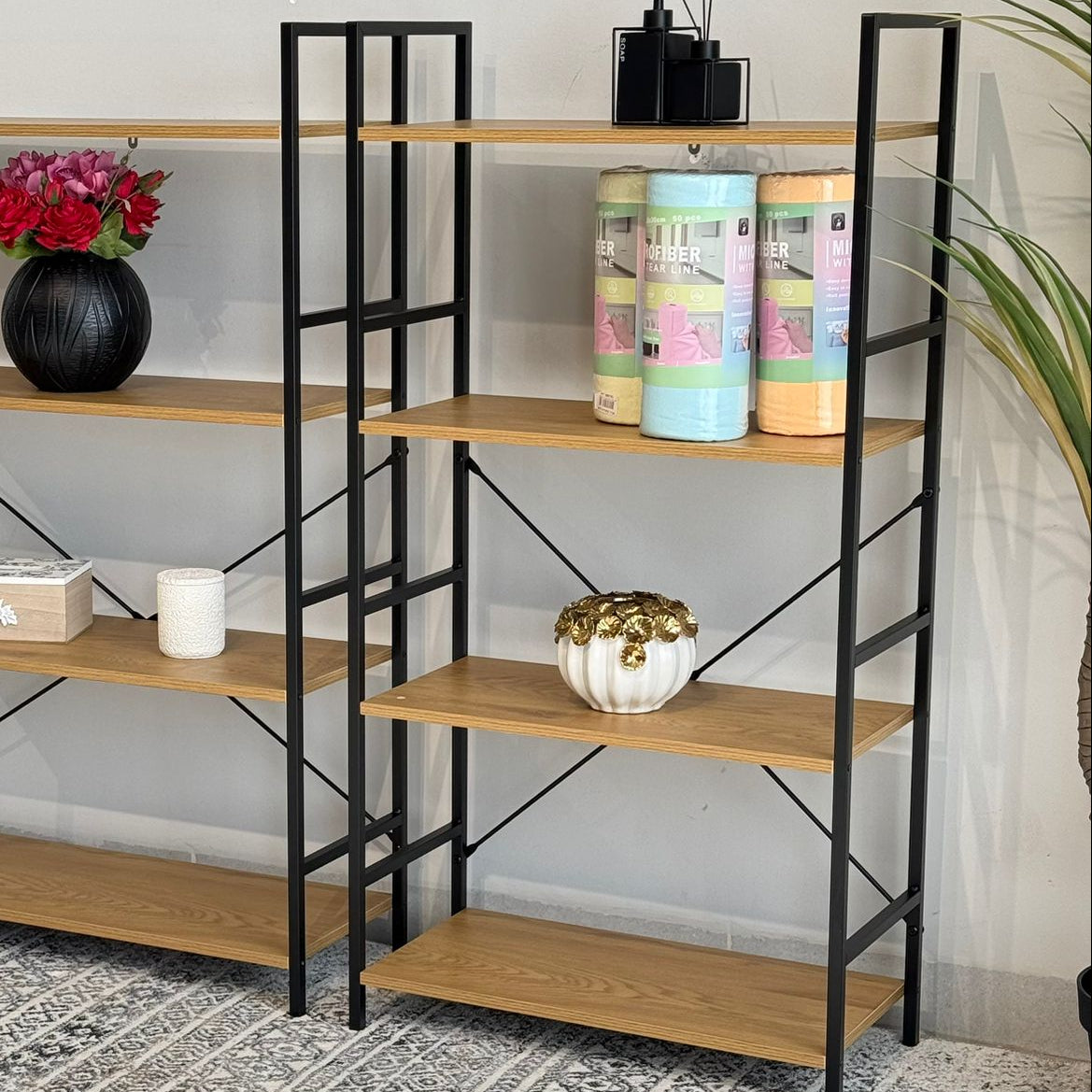 Modern Multi-Tier Storage Shelf with Metal Frame & Wooden Shelves