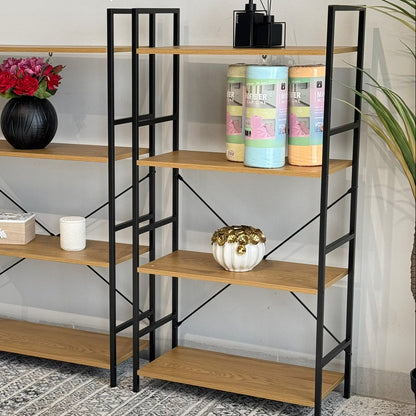 Modern Multi-Tier Storage Shelf with Metal Frame & Wooden Shelves