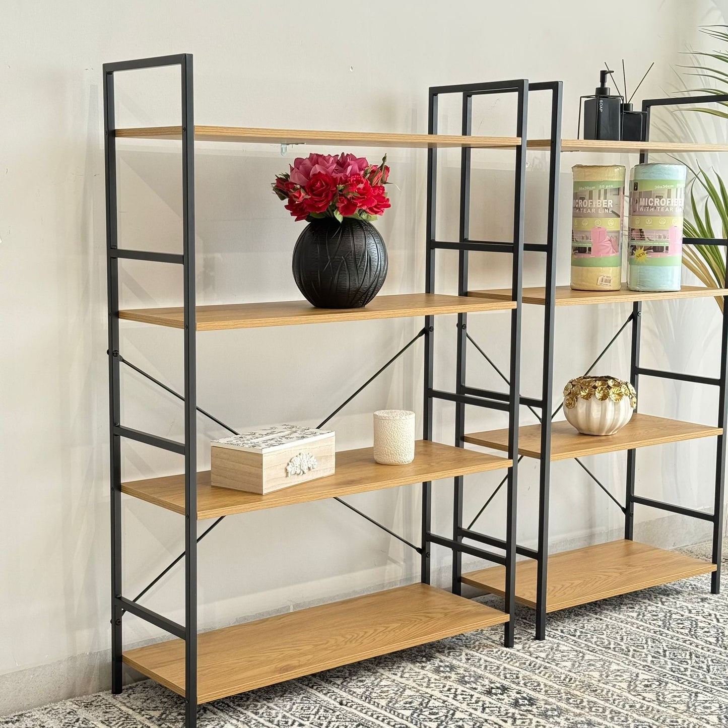 Modern Multi-Tier Storage Shelf with Metal Frame & Wooden Shelves