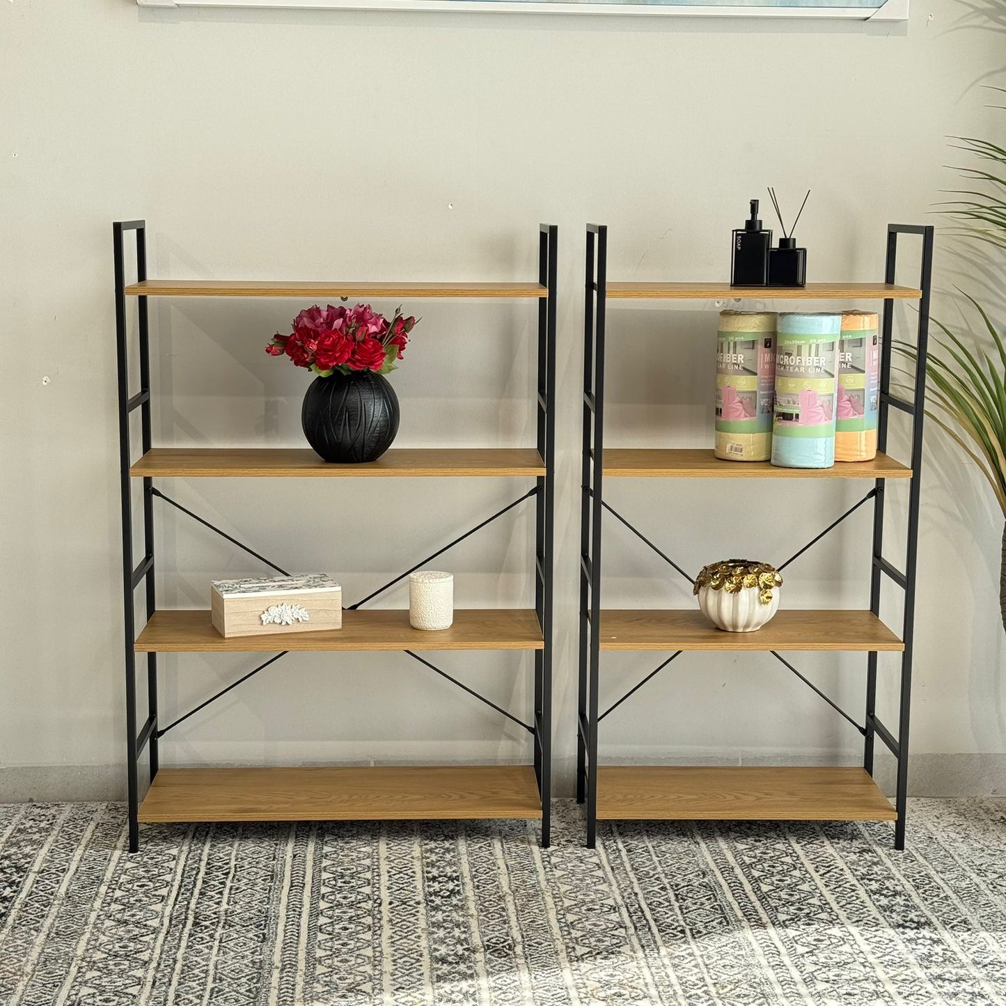 Modern Multi-Tier Storage Shelf with Metal Frame & Wooden Shelves