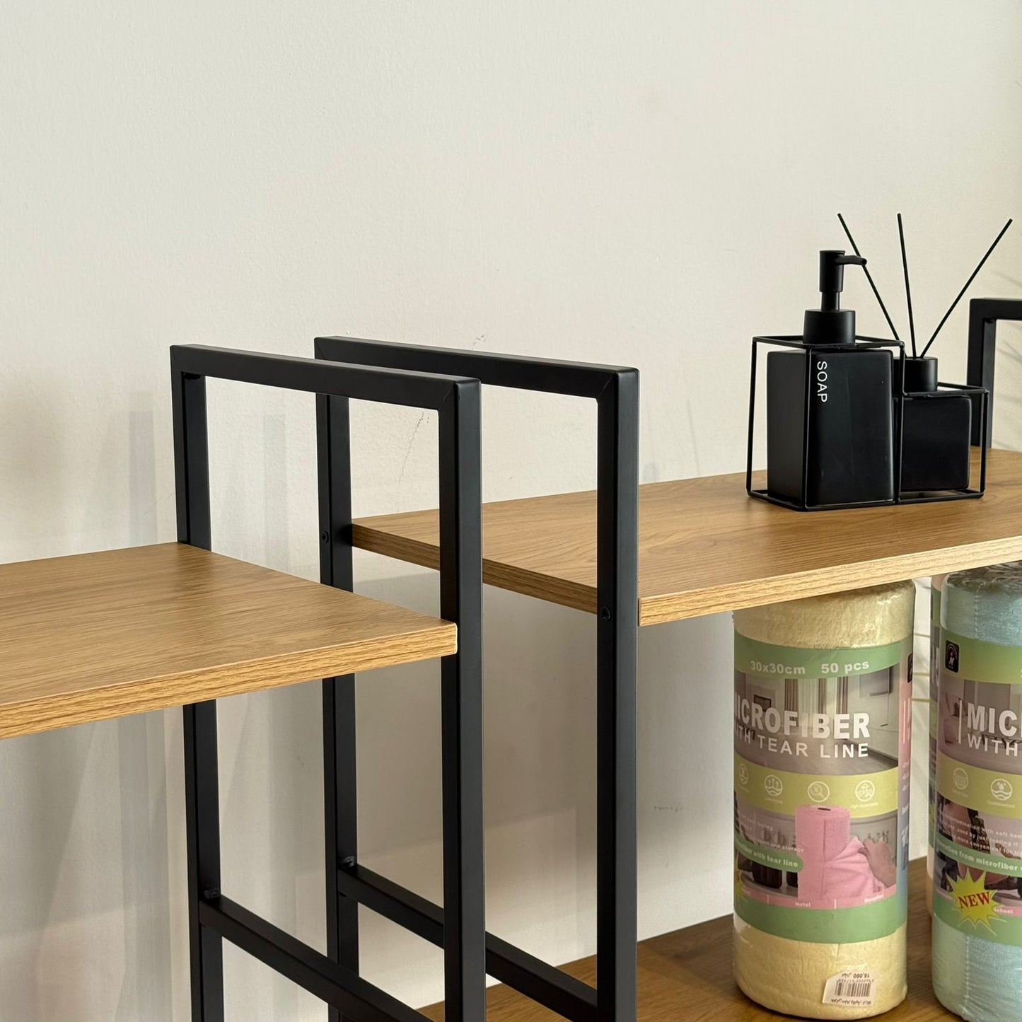 Modern Multi-Tier Storage Shelf with Metal Frame & Wooden Shelves
