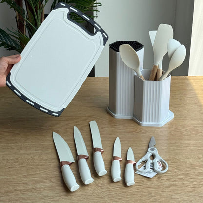 Modern Silicone Kitchen Utensil Set with Wooden Handles & Knife Block Organizer