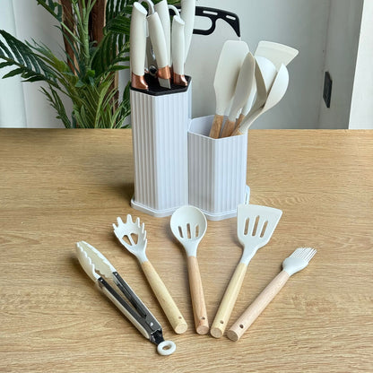 Modern Silicone Kitchen Utensil Set with Wooden Handles & Knife Block Organizer