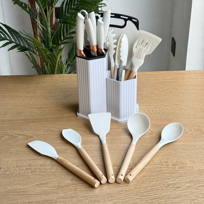 Modern Silicone Kitchen Utensil Set with Wooden Handles & Knife Block Organizer