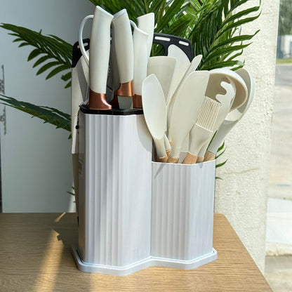 Modern Silicone Kitchen Utensil Set with Wooden Handles & Knife Block Organizer