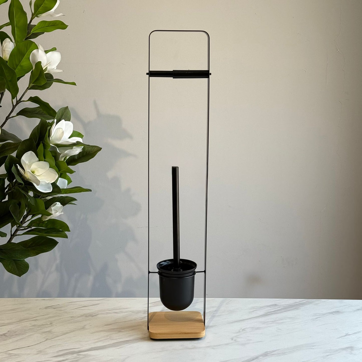 Modern Toilet Brush Holder Stand with Wooden Base