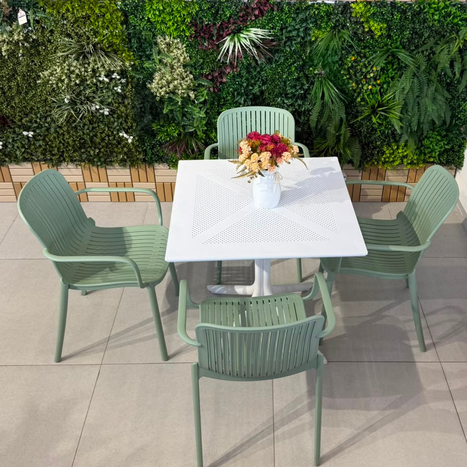 Modern Outdoor Dining Table & Chair Set - White & Light Green