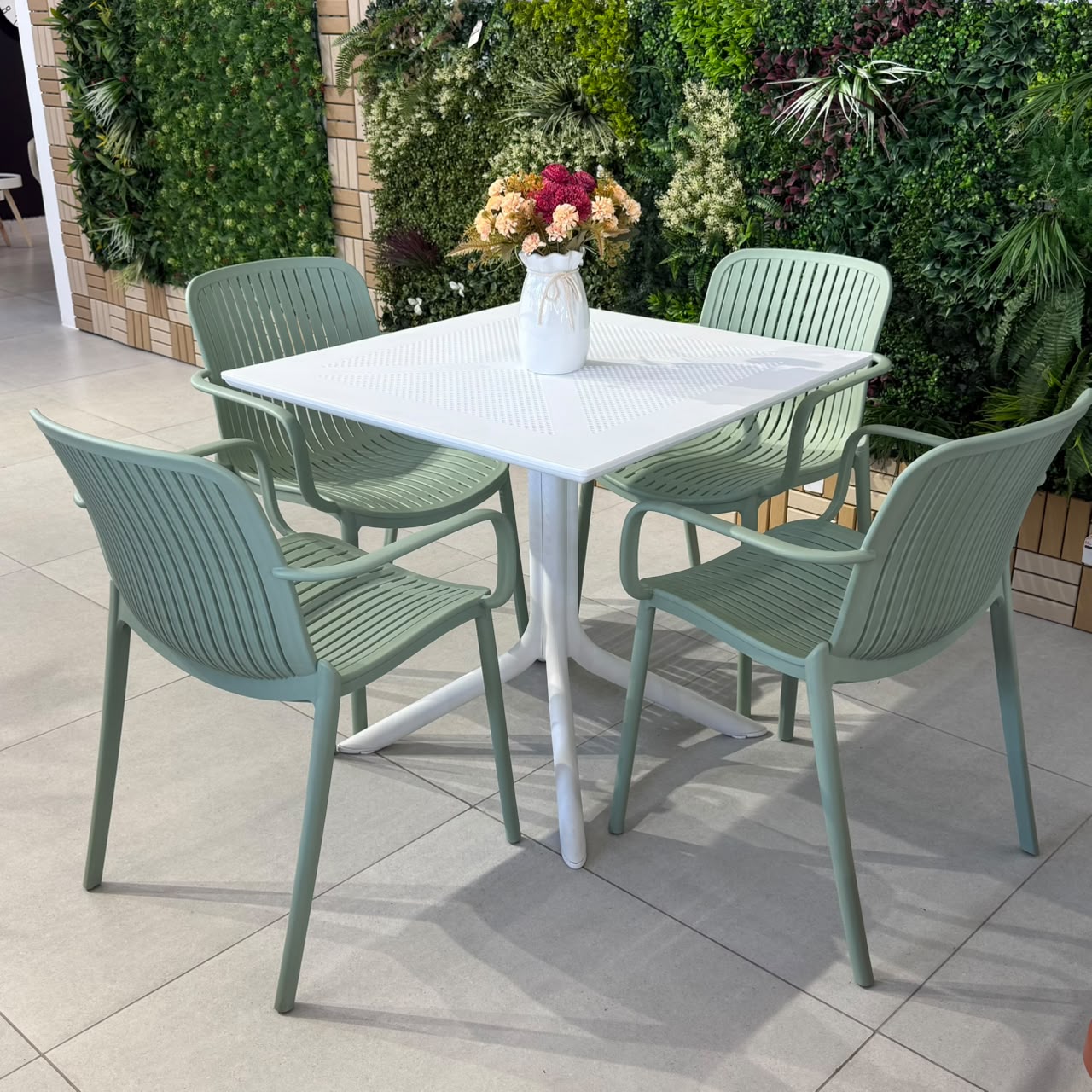 Modern Outdoor Dining Table & Chair Set - White & Light Green