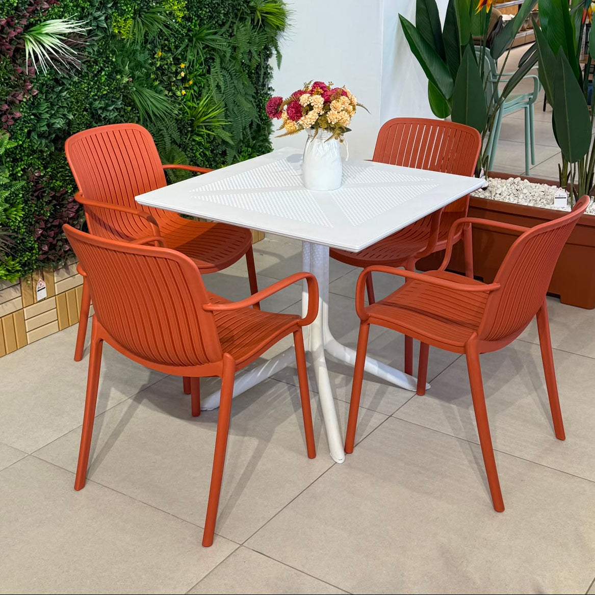 Modern Outdoor Dining Table & Chair Set - White & Orange