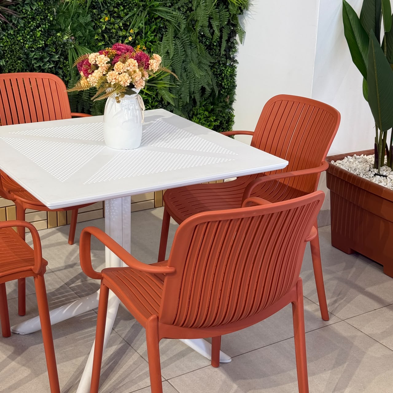 Modern Outdoor Dining Table & Chair Set - White & Orange
