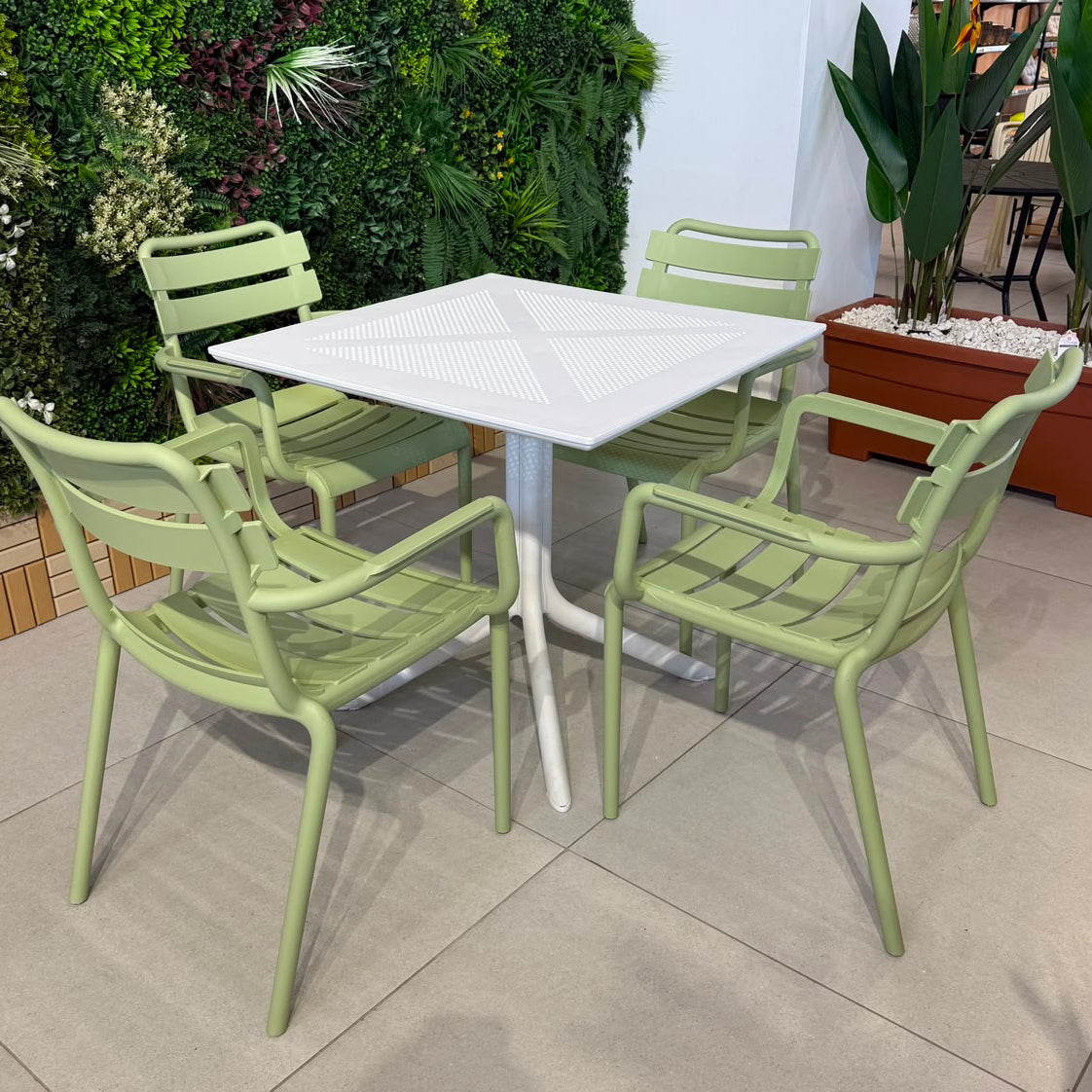 Modern Outdoor Dining Table & Chair Set - White & Light Green