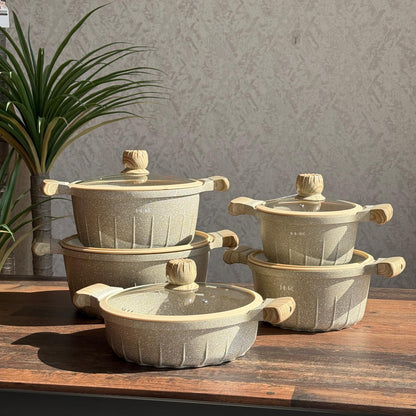 Luxury Granite Non-Stick Cookware Set With Wooden-look handles - 5PCS