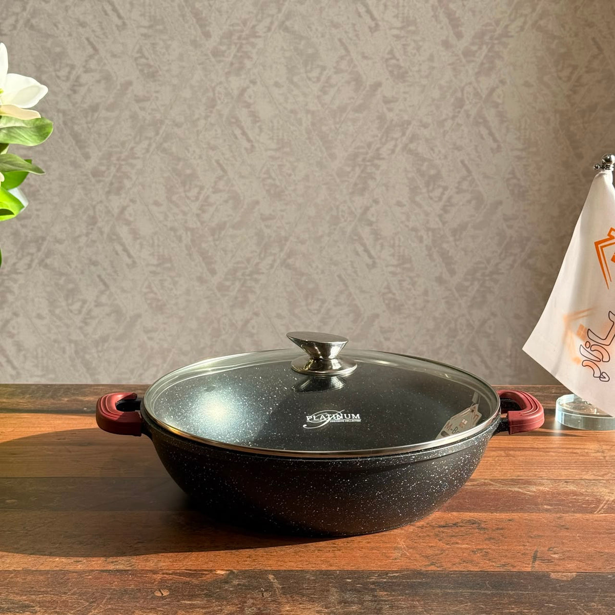 2-Sized Granite Non-Stick Cooking Pot with Glass Lid Induction Base