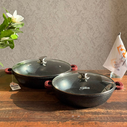 2-Sized Granite Non-Stick Cooking Pot with Glass Lid Induction Base