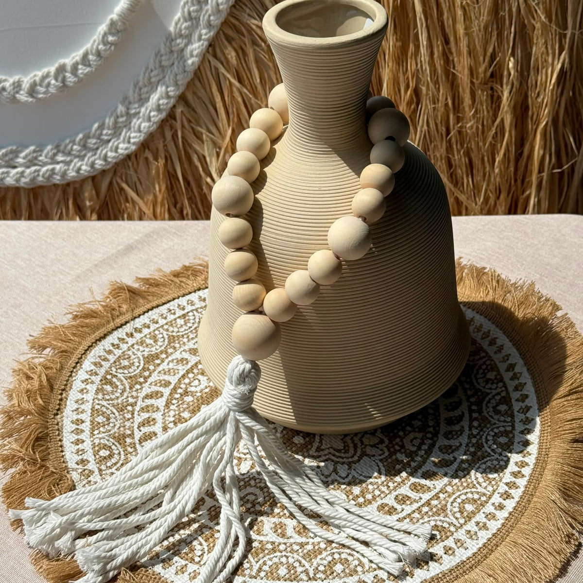 Minimalist Natural Wooden Bead Garland Accent with Tassel