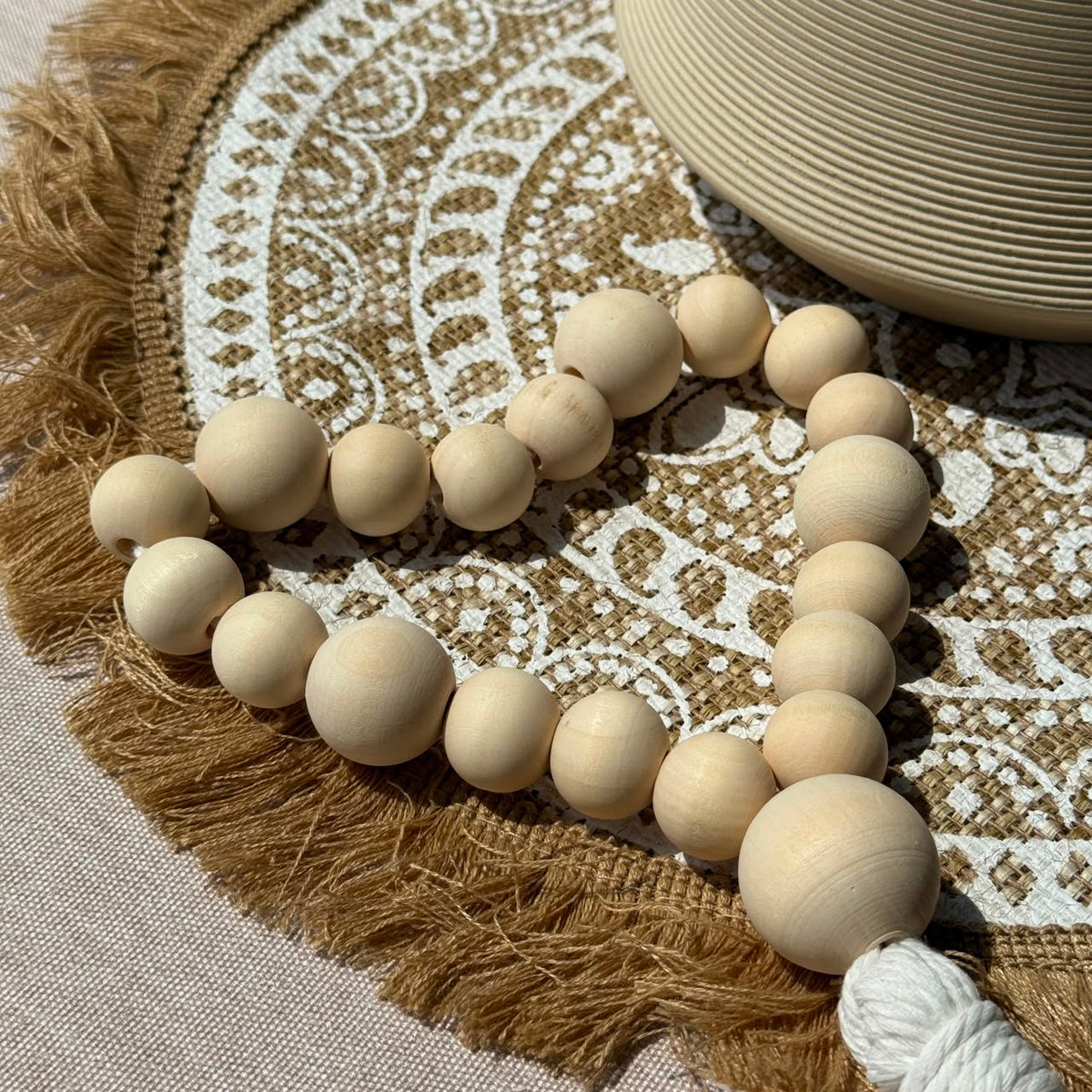 Minimalist Natural Wooden Bead Garland Accent with Tassel