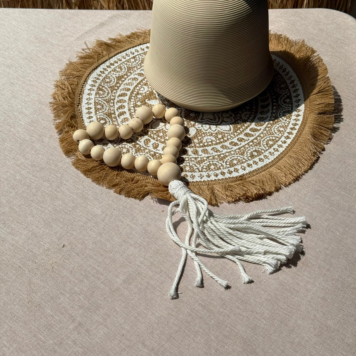 Minimalist Natural Wooden Bead Garland Accent with Tassel