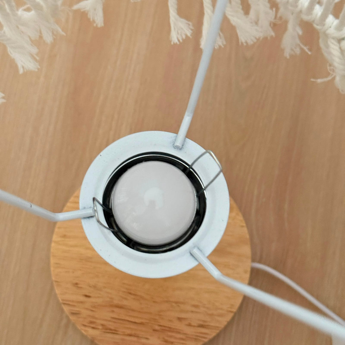 Handcrafted Boho Macrame Table Lamp with Fringe Trim & Natural Wood Base