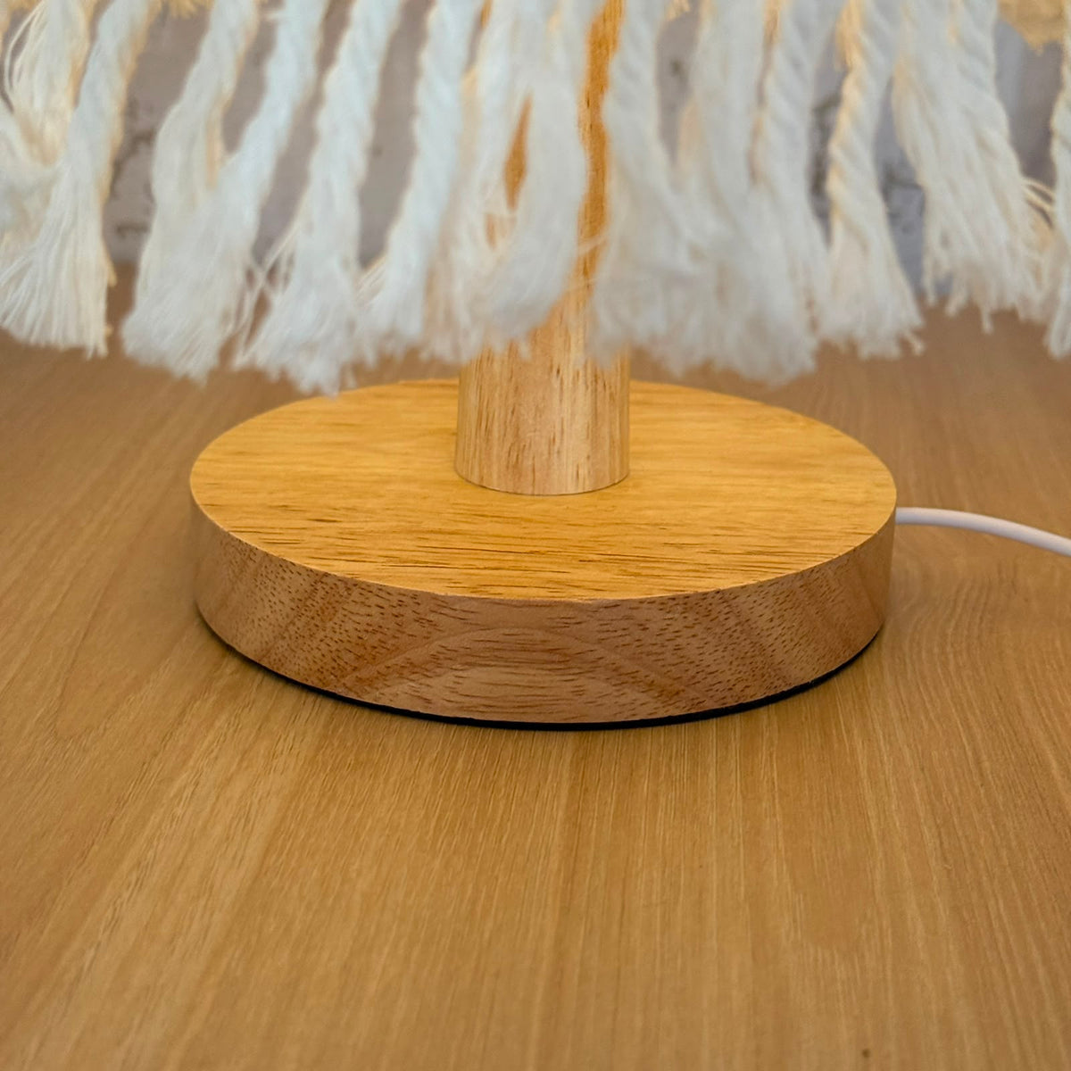 Handcrafted Boho Macrame Table Lamp with Fringe Trim & Natural Wood Base