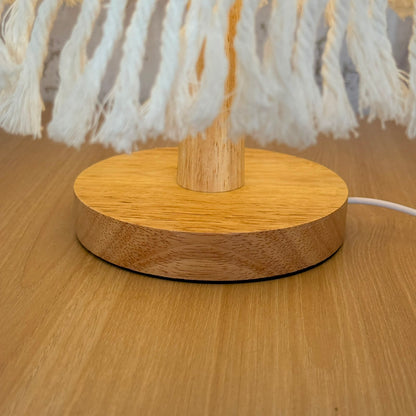 Handcrafted Boho Macrame Table Lamp with Fringe Trim & Natural Wood Base