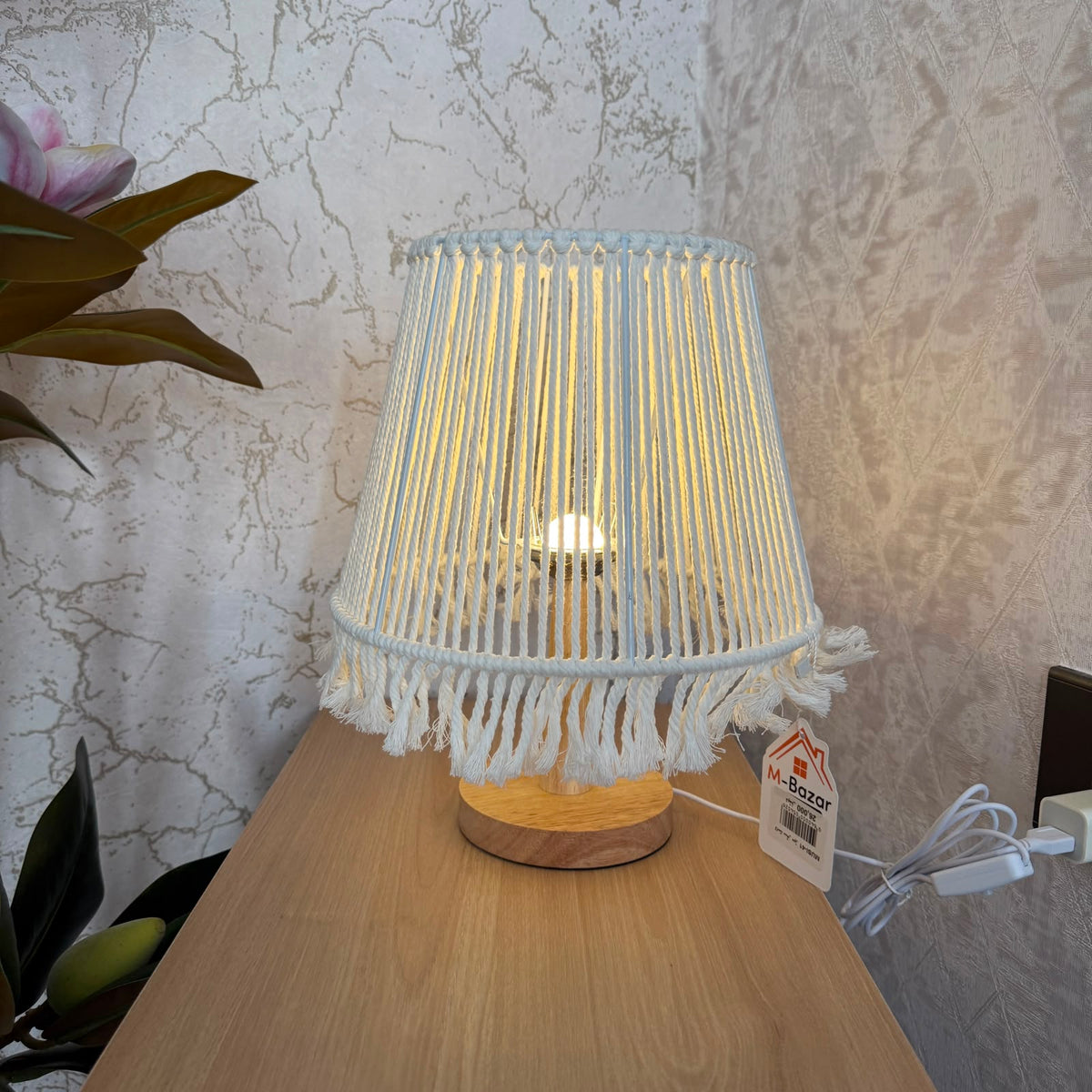 Handcrafted Boho Macrame Table Lamp with Fringe Trim & Natural Wood Base