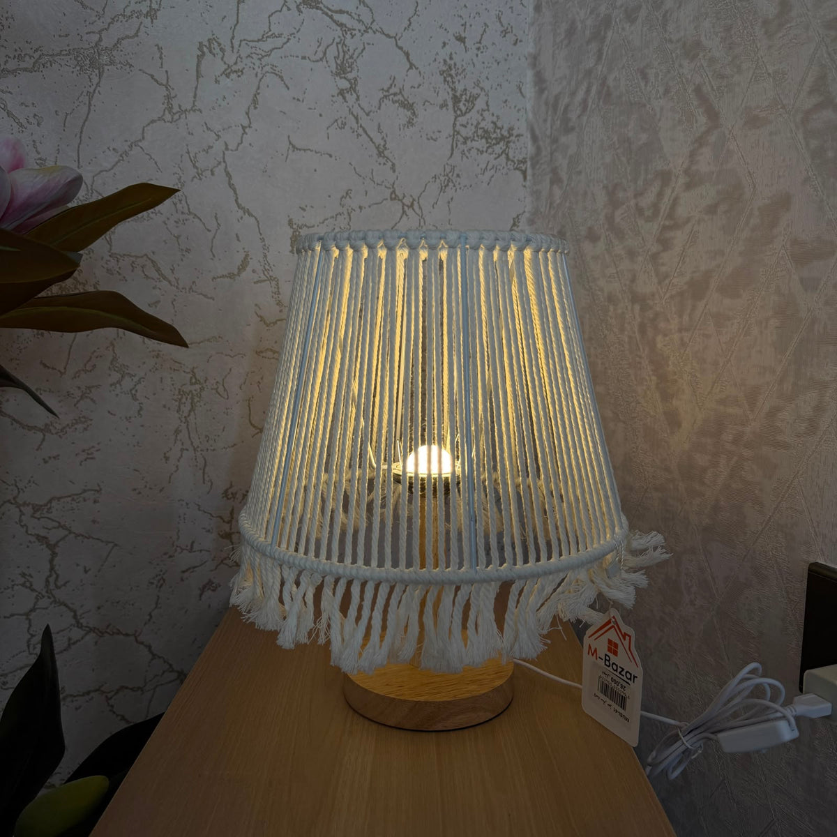 Handcrafted Boho Macrame Table Lamp with Fringe Trim & Natural Wood Base