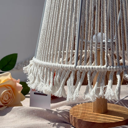 Handcrafted Boho Macrame Table Lamp with Fringe Trim & Natural Wood Base