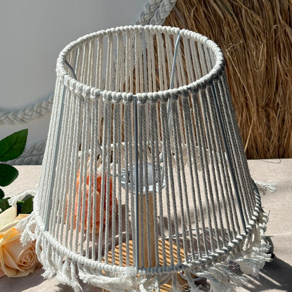 Handcrafted Boho Macrame Table Lamp with Fringe Trim & Natural Wood Base