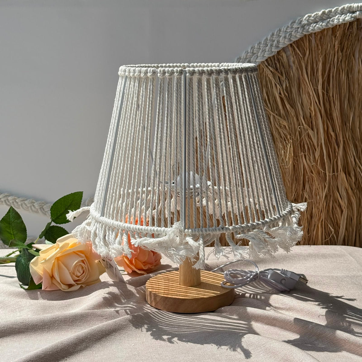 Handcrafted Boho Macrame Table Lamp with Fringe Trim & Natural Wood Base