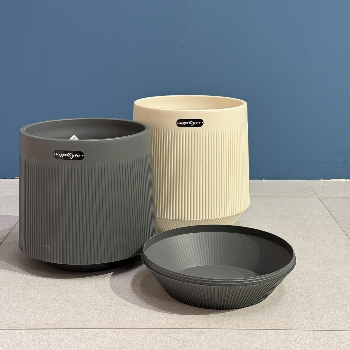 Modern Ribbed Plastic Planter Pot with Matching Drainage Saucer Tray