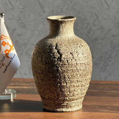 Tall Textured Stoneware Ceramic Vase with Carved Rustic Finish