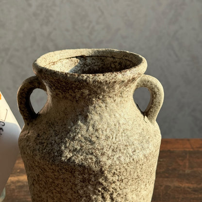 Rustic Double-Handled Ceramic Urn Vase with Textured Weathered Finish