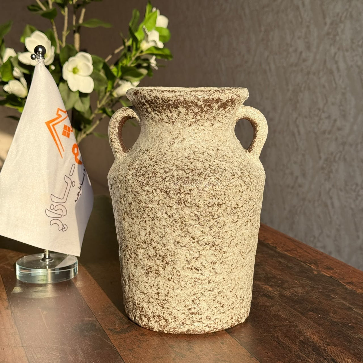 Rustic Double-Handled Ceramic Urn Vase with Textured Weathered Finish