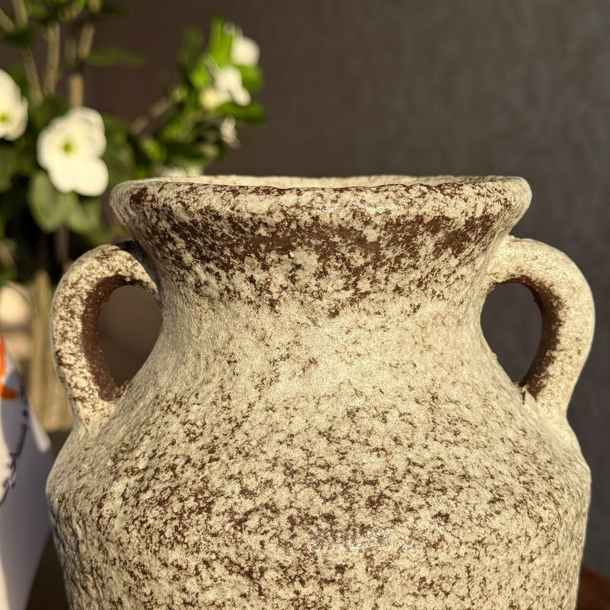Rustic Double-Handled Ceramic Urn Vase with Textured Weathered Finish