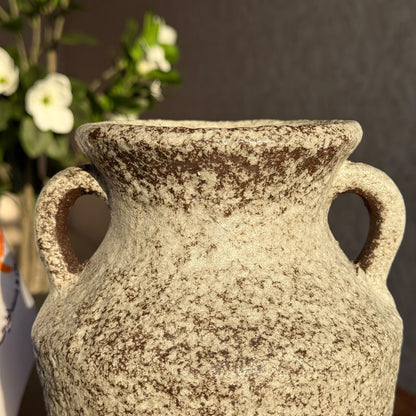 Rustic Double-Handled Ceramic Urn Vase with Textured Weathered Finish