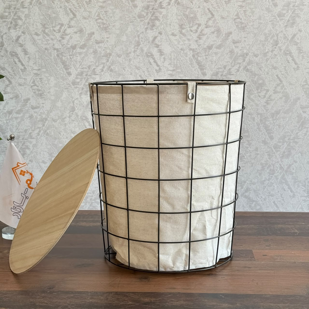 Modern Metal Grid Laundry Hampers with Wooden Covers & Fabric Liners