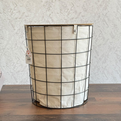 Modern Metal Grid Laundry Hampers with Wooden Covers & Fabric Liners